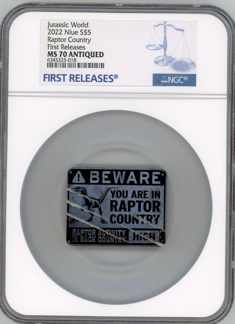 2022 Niue 2 oz Silver $5 Jurassic World Dominion Raptor Sign Coin NGC 70
