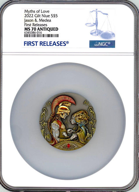 LITHUANIAN MINT 2022 Niue Medea and Jasons Love Myths of Love 2 oz Antique finish Silver Coin NGC 70