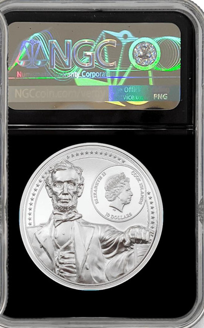 Mayer Mint 2022 Cook Islands ABRAHAM LINCOLN by Miles Standish 2 Oz Silver Coin 10$  NGC 70  Mayer Mint 2022 Cook Islands ABRAHAM LINCOLN by Miles Standish 2 Oz Silver Coin 10$  NGC 70