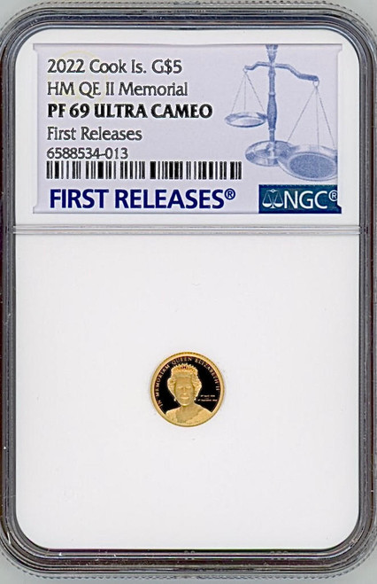 CIT 2022 Cook Islands .5g Gold Coin $5 Memorial Queen Elizabeth II NGC 69 FR