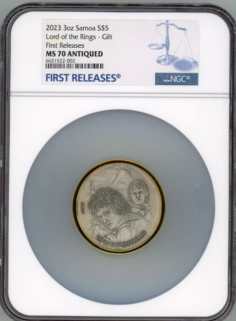 The Lord of the Rings 2023 Samoa $5 LOTR The One Ring 3oz Silver Coin 24k Gold Plated 3D Ring Edge NGC 