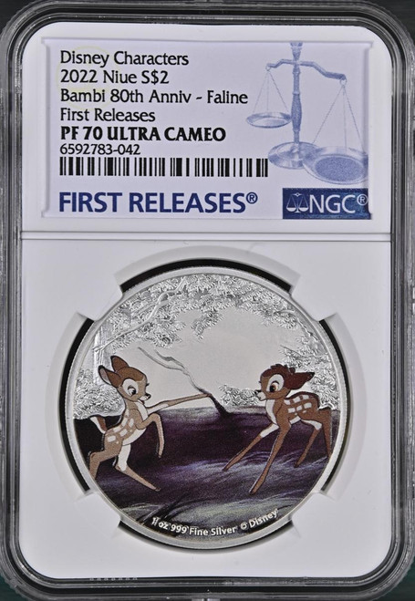 Disney 2022 Niue Bambi Faline 80th Anniv Disney Characters Silver Coin  NGC 70 FR  Disney 2022 Niue Bambi Faline 80th Anniv Disney Characters Silver Coin  NGC 70 FR
