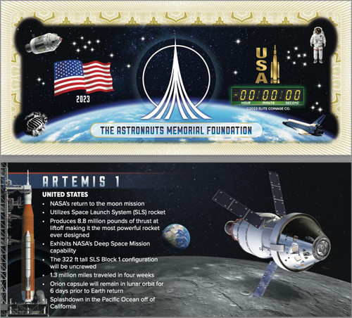 Elite Coinage Co. The Astronauts Memorial Foundation USA Artemis 1 Return to the Moon Limited-Edition Collector Note in a premium acrylic display holder Elite Coinage Co. The Astronauts Memorial Foundation USA Artemis 1 Return to the Moon Limited-Edition Collector Note in a premium acrylic display holder