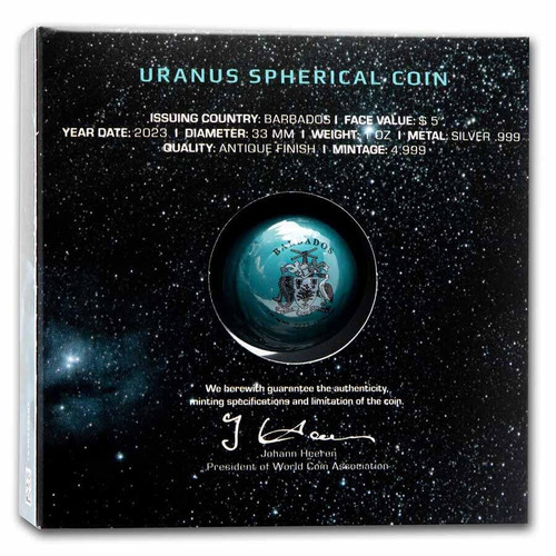 MDM International Wholesale 2023 Barbados Uranus The Ice Giant 1oz Silver Spherical Antiqued Coin 