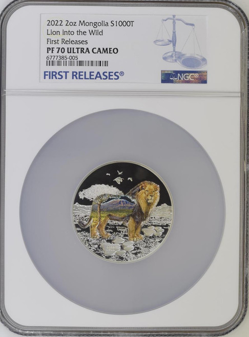 CIT Coin Invest AG 2022 Mongolia  NGC 70 FR Into the Wild Lion 2oz Silver Coin with Mintage of 999  CIT Coin Invest AG 2022 Mongolia  NGC 70 FR Into the Wild Lion 2oz Silver Coin with Mintage of 999