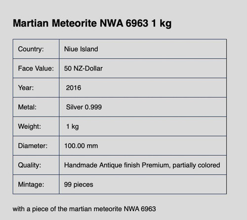 MCI Mint 2016 Niue Martian Meteorite 1 Kilo NWA6963 Colorized S$50 COA#27 MCI Mint 2016 Niue Martian Meteorite 1 Kilo NWA6963 Colorized S$50 COA#27
