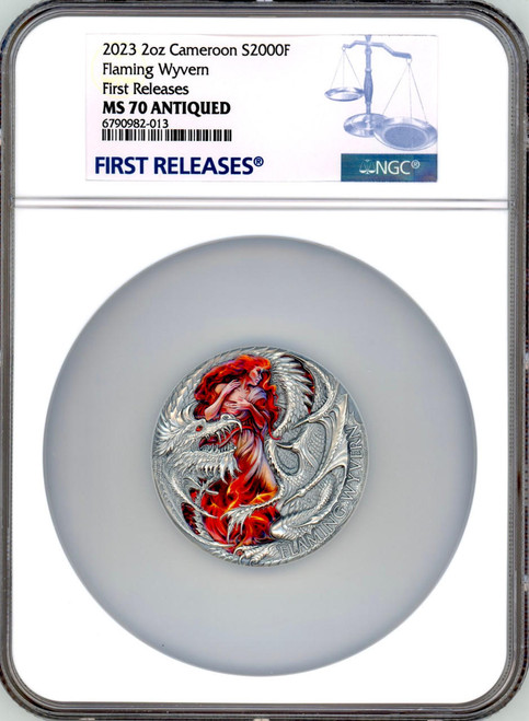 2023 Cameroon 2 oz Flaming Wyvern Color Antique Finish Silver Coin NGC 70 FR