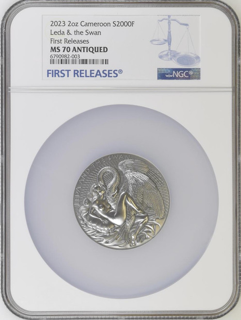 Mint XXI 2023 Cameroon 2 Ounce Leda & the Swan Celestial Beauty High Relief Silver Coin NGC 70 FR  Mint XXI 2023 Cameroon 2 Ounce Leda & the Swan Celestial Beauty High Relief Silver Coin NGC 70 FR