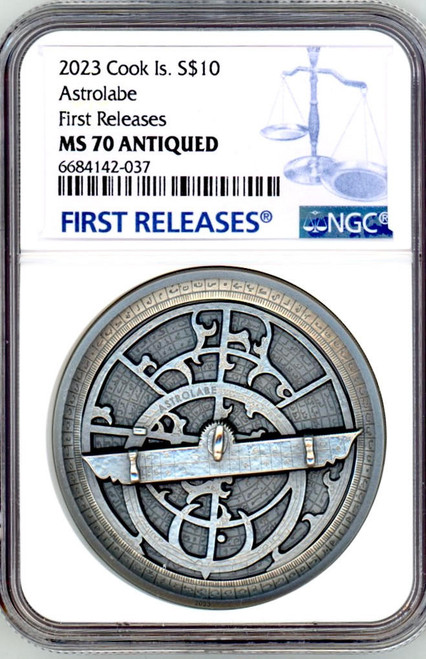 2023 Cook Islands 2 oz Historic Instruments Astrolabe High Relief Silver Coin NG