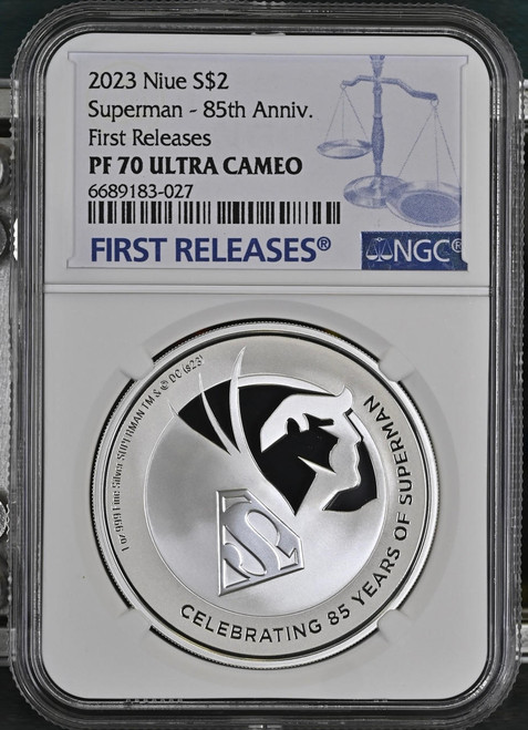 DC Comics Superman 85th Ann 1 oz. Silver Coin 2023 Niue NGC 70 FR