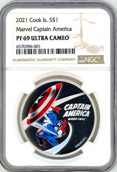 2021 Cook Islands CAPTAIN AMERICA 80th Ann, Marvel 1 oz Silver Coin 1$ NGC 69