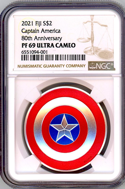 Marvel 2021 Fiji $2 Captain America Shield Colorized 1 oz Silver NGC PF69 UC
