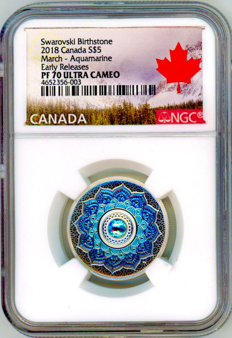 2018 Proof $5 March Aquamarine Birthstone Crystal Swarovski Silver NGC 70 ER