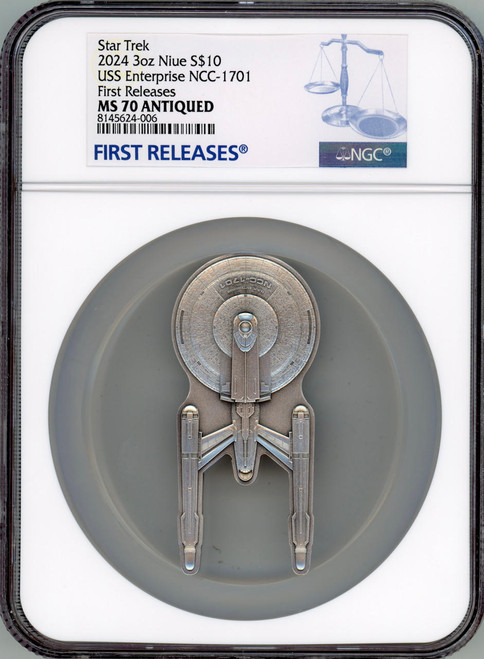 Star Trek 2024 Niue Star Trek U.S.S Enterprise NCC-1701 3oz Silver Antiqued Coin NGC 70 FI 