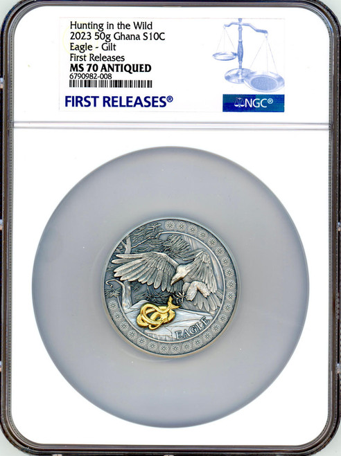 Mint XXI 2023  Ghana Hunting in the Wild Eagle Gilt NGC 70 FR 50g Silver Coin  Mint XXI 2023  Ghana Hunting in the Wild Eagle Gilt NGC 70 FR 50g Silver Coin