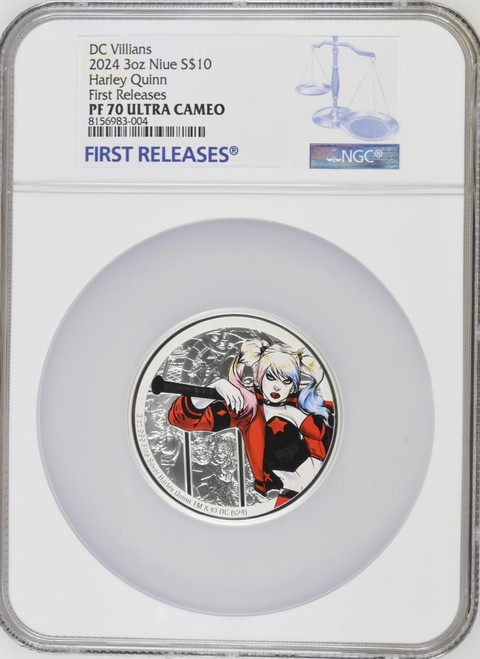 DC Comics 2024 Niue Harley Quinn DC Villains 3 Oz Silver Coin 10$ NGC 70 FR  DC Comics 2024 Niue Harley Quinn DC Villains 3 Oz Silver Coin 10$ NGC 70 FR