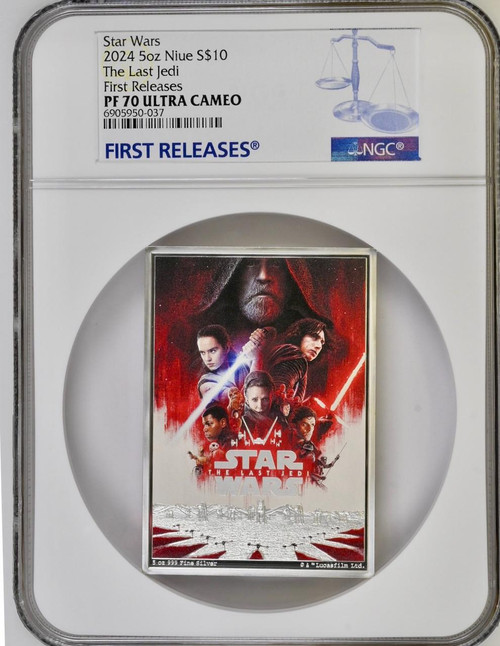 STAR WARS The Last Jedi 2024 $10 5Oz Silver Poster Coin Niue NGC 70 FR POP 2