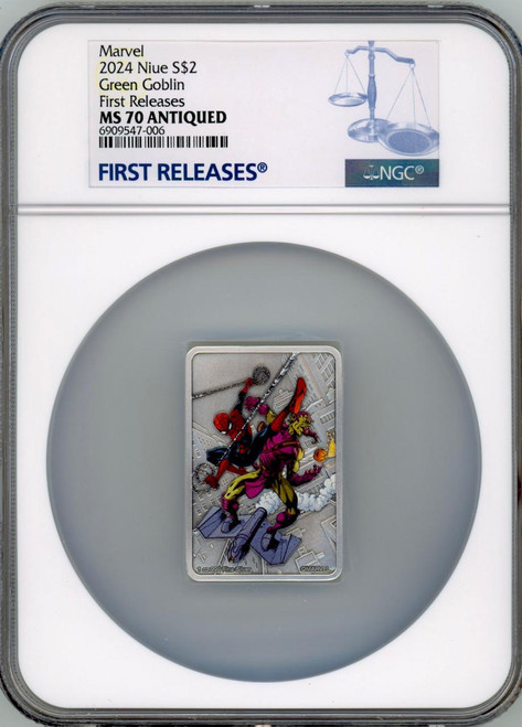Marvel 2024 Niue Spiderman Villains Green Goblin 1 oz Colorized Silver Coin NGC 70 FR  Marvel 2024 Niue Spiderman Villains Green Goblin 1 oz Colorized Silver Coin NGC 70 FR