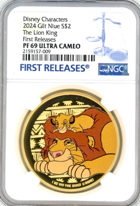 2024 Niue The Lion King Disney Mufasa & Simba 1oz Silver Gilded Coin NGC 69 FR