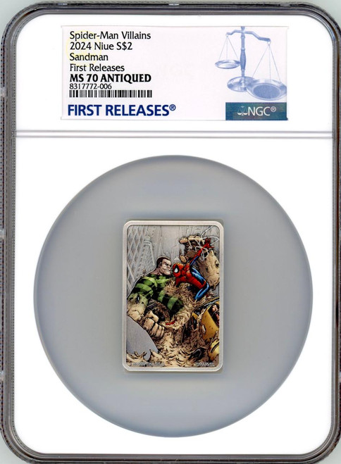 Marvel 2024 1oz Colorized Niue Silver Spiderman Villains Sandman Coin NGC 70 FR OGP COA Marvel 2024 1oz Colorized Niue Silver Spiderman Villains Sandman Coin NGC 70 FR OGP COA