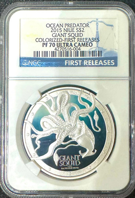 NZ MINT 2015 Niue $2 Giant Squid Colorized Proof 1oz .999 Silver NGC PF70 UC FR 