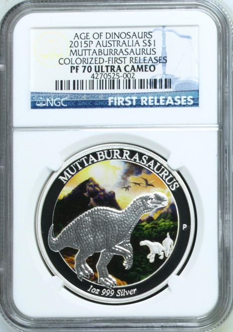 Perth Mint  2015 Age Of Dinosaurs Muttaburrasaurus 1oz Silver Proof Coin NGC 70 FR  Perth Mint  2015 Age Of Dinosaurs Muttaburrasaurus 1oz Silver Proof Coin NGC 70 FR