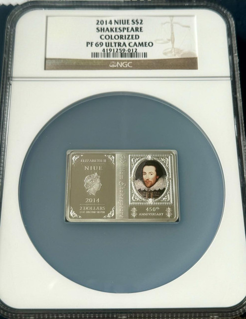 NZ MINT 2014 Niue 450th Years William Shakespeare Colored Proof Silver Coin NGC 69 POP 9  NZ MINT 2014 Niue 450th Years William Shakespeare Colored Proof Silver Coin NGC 69 POP 9