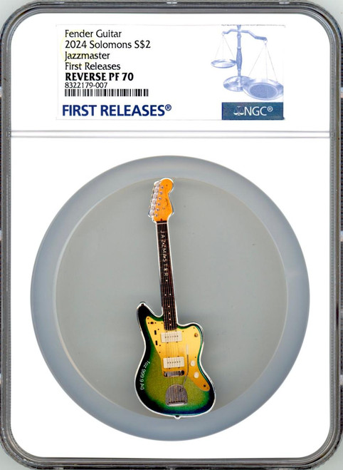 2024 Solomon Islands $2 1oz Silver Fender® Jazzmaster Guitar Shaped Colorized R