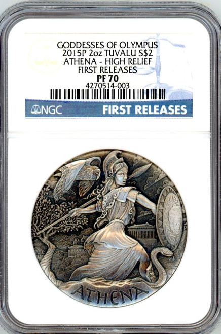 Perth Mint  2015 Goddesses Of Olympus Athena 2oz Silver High Relief Coin NGC 70 FR  Perth Mint  2015 Goddesses Of Olympus Athena 2oz Silver High Relief Coin NGC 70 FR