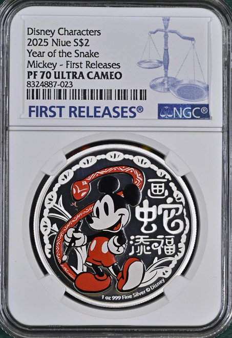 Disney 2025 Niue 1oz Disney Lunar Year of the Snake Mickey Silver Coin NGC 70 FR  Disney 2025 Niue 1oz Disney Lunar Year of the Snake Mickey Silver Coin NGC 70 FR