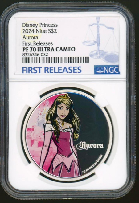Disney 2024 Niue Disney Princess AURORA 1 oz .999 Silver Proof Coin NGC 70 FR Box/COA 
