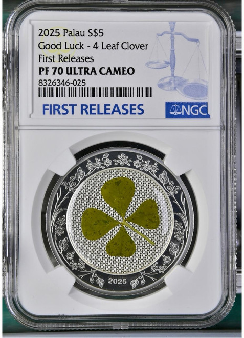 CIT Coin Invest AG 2025 Palau 1 oz Silver $5 Four-Leaf Clover Ounce of Luck Proof NGC 70 FR  CIT Coin Invest AG 2025 Palau 1 oz Silver $5 Four-Leaf Clover Ounce of Luck Proof NGC 70 FR
