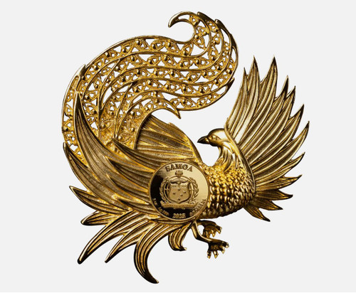 MDM International Wholesale 2025 Samoa 2 oz Silver Phoenix Filigree Shaped Coin (Box & COA) 24k Gold 