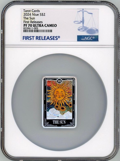 Agoro by New Zealand Mint 2024 Niue Tarot Card The Sun 1 oz Colorized Silver Coin NGC 70 FR  Agoro by New Zealand Mint 2024 Niue Tarot Card The Sun 1 oz Colorized Silver Coin NGC 70 FR