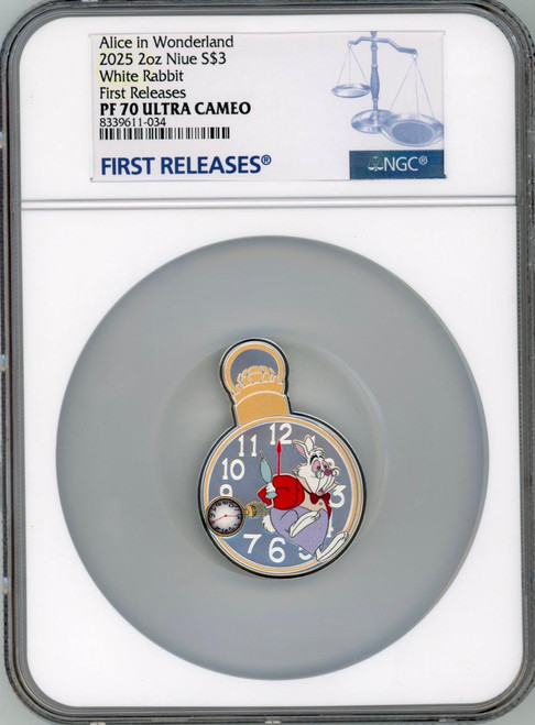 Disney 2025 Niue Disney Alice in Wonderland White Rabbit 2oz Silver Coin NGC 70 FR  Disney 2025 Niue Disney Alice in Wonderland White Rabbit 2oz Silver Coin NGC 70 FR