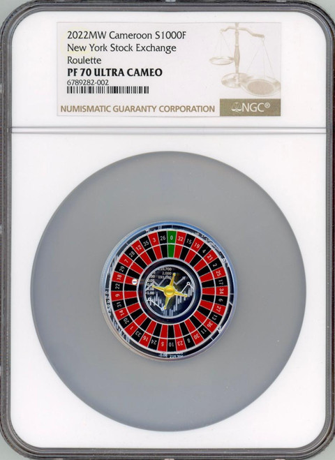 Mint of Poland (Mennica Polska) 2022 Cameroon Russian Roulette 1 oz Silver Coin 1000 Francs NY Stock Exchange NGC 70  Mint of Poland (Mennica Polska) 2022 Cameroon Russian Roulette 1 oz Silver Coin 1000 Francs NY Stock Exchange NGC 70