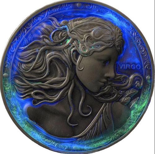 MK Mint 2024 Niue Zodiac Virgo 5oz Silver Glow in Dark UV Enamel Coin MINT Sealed #004  MK Mint 2024 Niue Zodiac Virgo 5oz Silver Glow in Dark UV Enamel Coin MINT Sealed #004