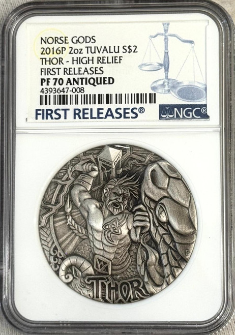 Perth Mint  2016 Tuvalu Thor Norse Gods  2oz Pure Silver High Relief Coin NGC 70 ER 