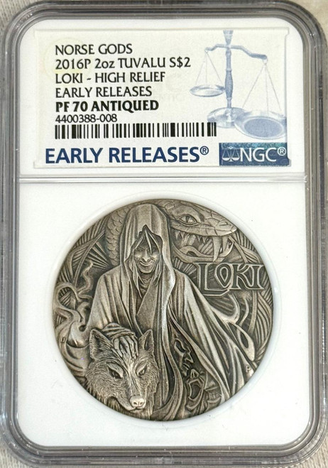 The Perth Mint 2016 Tuvalu Norse Gods LOKI 2oz Silver Coin $2 High Relief PF 70 ANTIQUED ER 