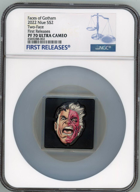 DC Comics 2022 Niue Faces of Gotham Two Face  1 oz Silver Shaped Coin NGC 70 FR 