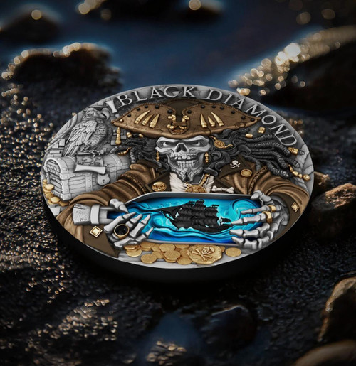 T&S 2025 Niue Pirates Black Diamond HR Colorized  2 oz .999 Silver Coin 