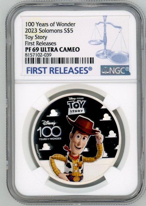 Disney 2023 Solomon Is, Woody Toy Story Disney 100 Years of Wonder 1oz Silver Coin 69 