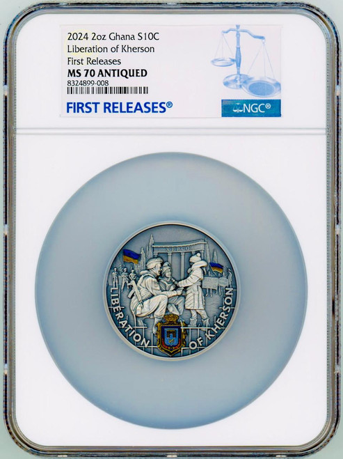 Mint XXI 2024 LIBERATION OF KHERSON 10 Cedis 2oz Silver Coin NGC 70 FR Ukraine 