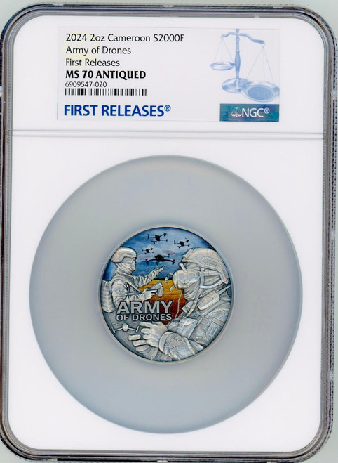  2024 Cameroon ARMY OF DRONES 2000 Francs CFA 2oz Silver Coin NGC 70 FR 