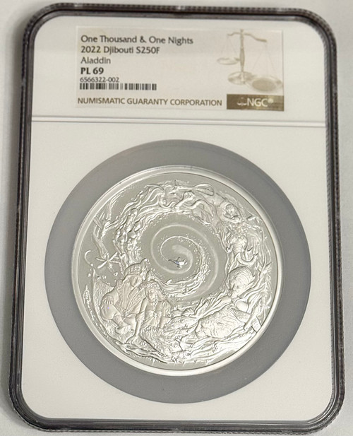 ALADDIN 1001 NIGHTS 5 Oz Silver Coin 250 Francs Djibouti 2022 NGC 69  FR
