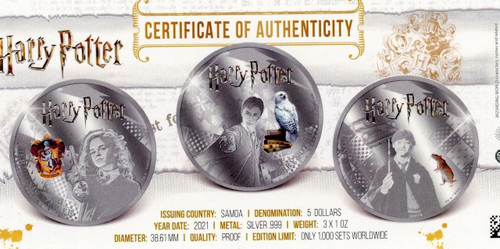 HARRY POTTER™ 2021 Samoa Harry Potter 3 x 1oz Silver Proof Coin Set $5 3oz Silver Total 