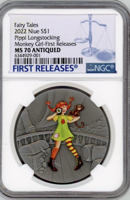 Niue 1 oz Silver Fairy Tales Monkey Girl Pippi Long-stockings NGC 70 FR