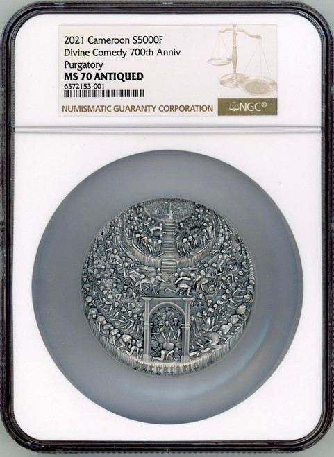 2021 Cameroon Divine Comedy Purgatory Dante Alighieri 5oz Silver Coin NGC 70 001