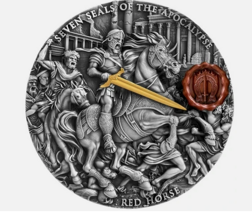 2025 Niue Red 2025 Horse Seven Seals of the Apocalypse 3oz Antique finish Silver