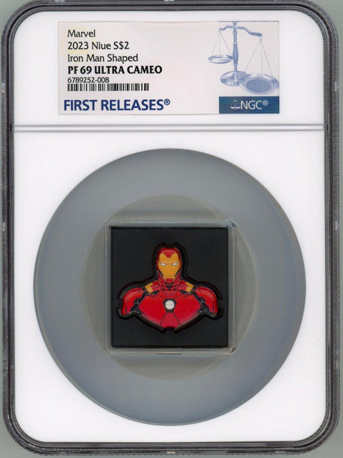 Marvel 2023 Niue Marvel Iron Man Shaped 1oz Silver Colored Proof Coin NGC 69 FR 